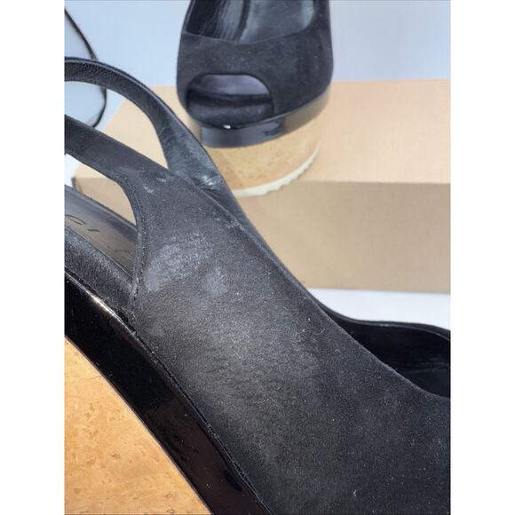 GUCCI READ **Black Suede SlingBack Cork Tattoo Wedge Platform Heel Sandals Sz 8 - Picture 8 of 14